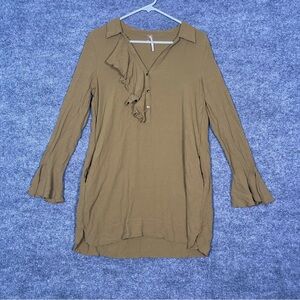 Free People Women’s‎ Medium Brown Ruffle Long Sleeve Boho Pockets Mini Dress